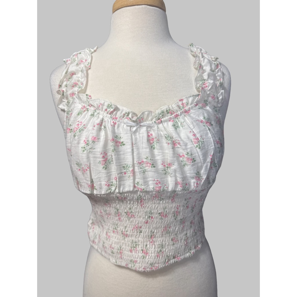 LOVE TREE White Pink Floral Smocked Crop Top L